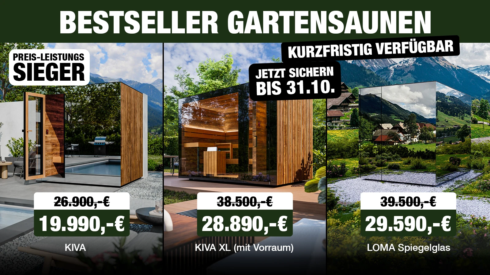 Bestseller Gartensaunen KIVA, KIVA XL mit Vorraum und LOMA Spiegelglas vor Bergkulisse – kurzfristig verfügbar zum Aktionspreis