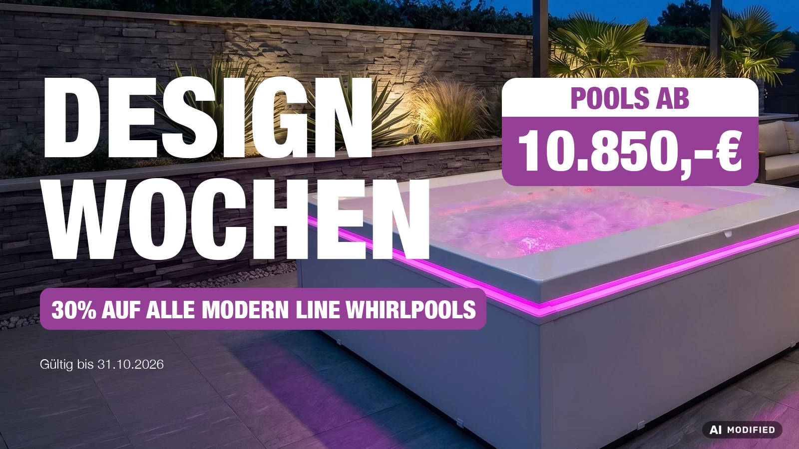 Modern Line Whirlpool mit lila LED-Beleuchtung auf einer Terrasse am Abend – Design Wochen: 30 % auf alle Modern Line Whirlpools