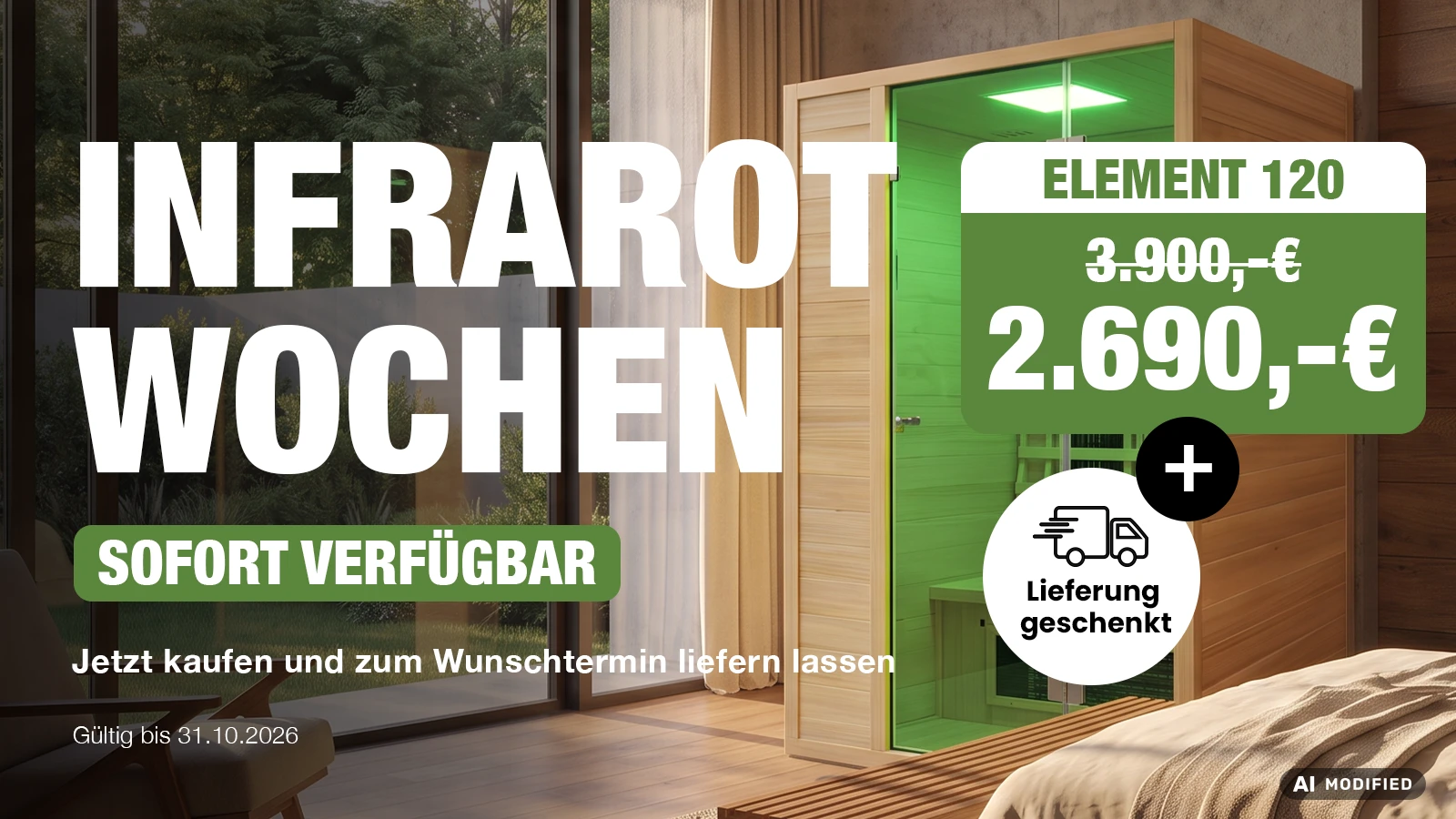 Infrarotkabine Element 120 mit grüner Farblichttherapie im Schlafzimmer – Aktion Infrarot-Wochen, sofort verfügbar, Lieferung geschenkt