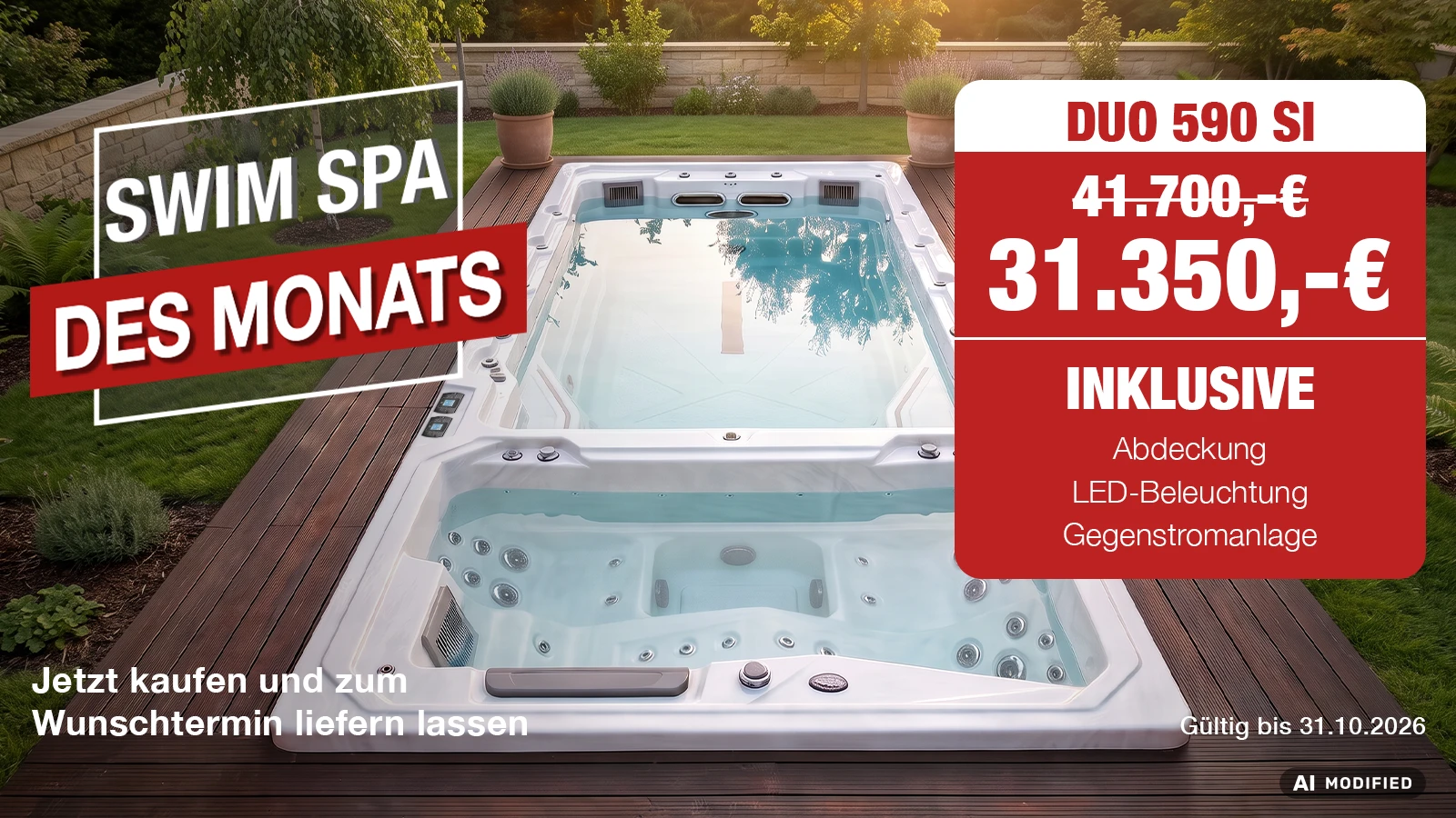 Swim Spa des Monats DUO 590 SI eingelassen in ein Holzdeck im Garten – inklusive Abdeckung, LED-Beleuchtung und Gegenstromanlage
