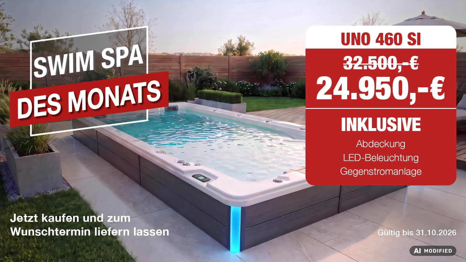 Swim Spa des Monats UNO 460 SI mit blauer LED-Beleuchtung auf einer Gartenterrasse – inklusive Abdeckung, LED-Beleuchtung und Gegenstromanlage