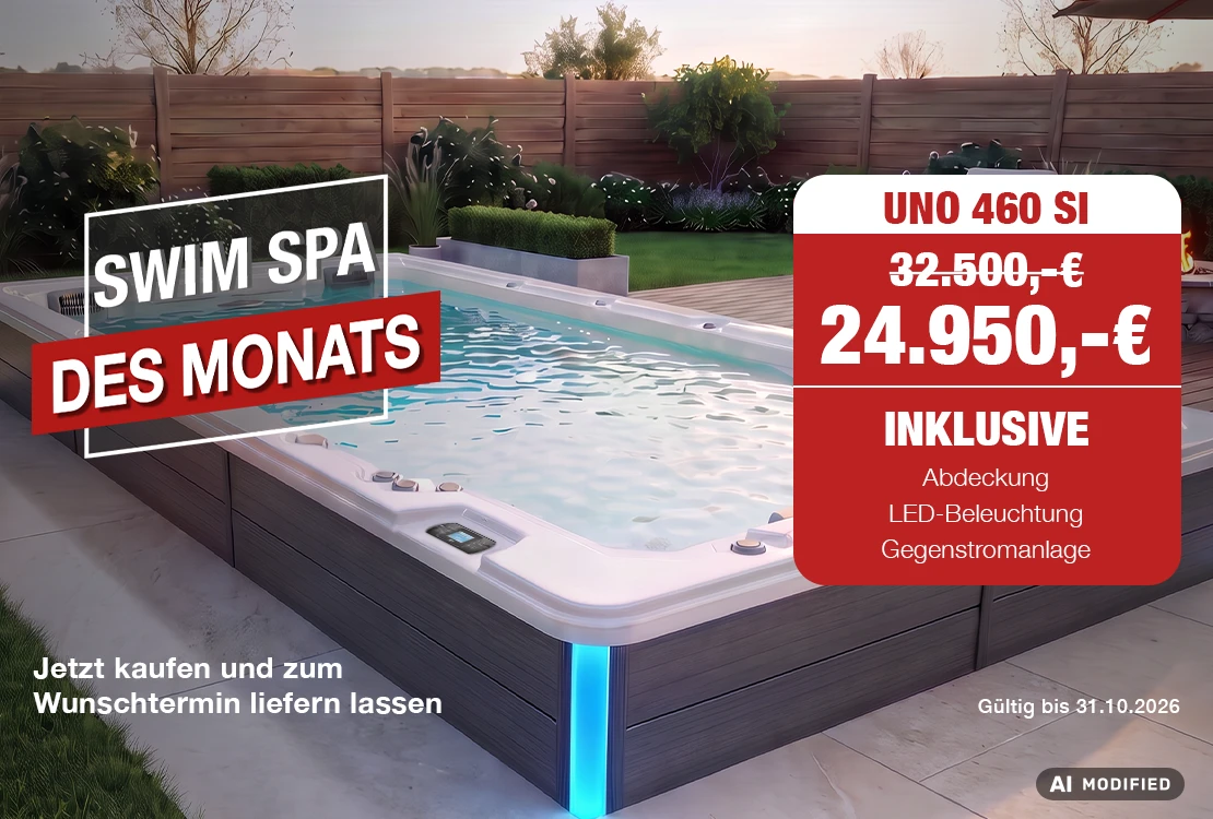 Swim Spa des Monats UNO 460 SI teilweise eingelassen auf einer Gartenterrasse – inklusive Abdeckung, LED-Beleuchtung und Gegenstromanlage