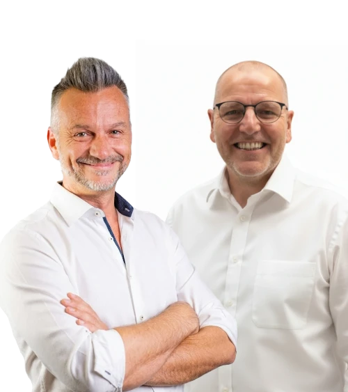 Jochen Harrer und Peter Haider. Niederlassungsleiter der ARMSTARK Ausstellung in Graz.