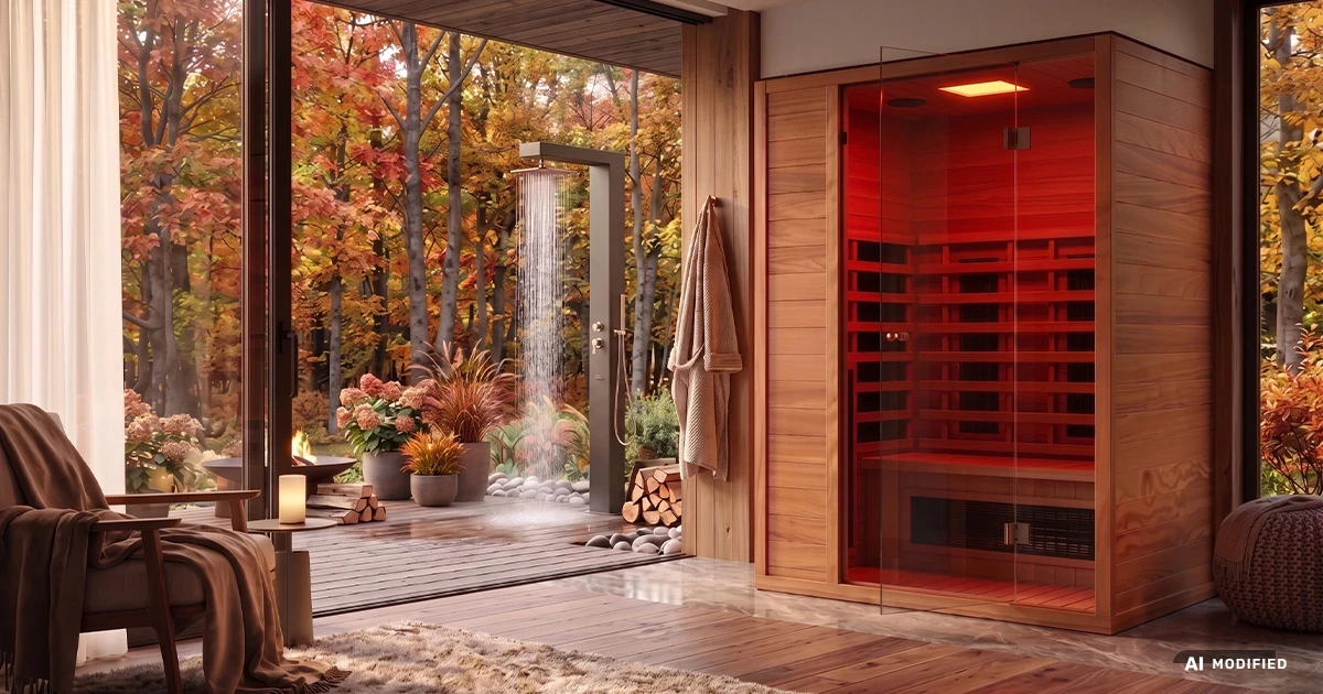 Infrarotkabine in herbstlich dekorierten Wellnessbereich