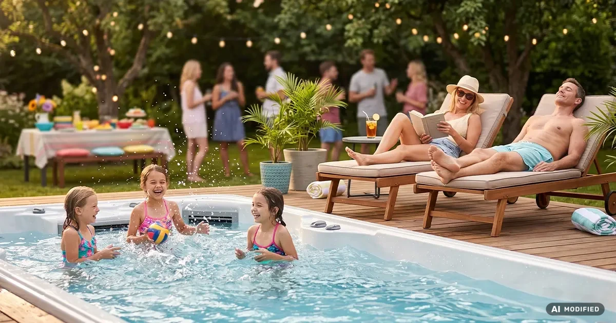 Kinder spielen ausgelassen mit einem Wasserball in einem Swim Spa, während Erwachsene im Hintergrund bei einer Gartenparty entspannen