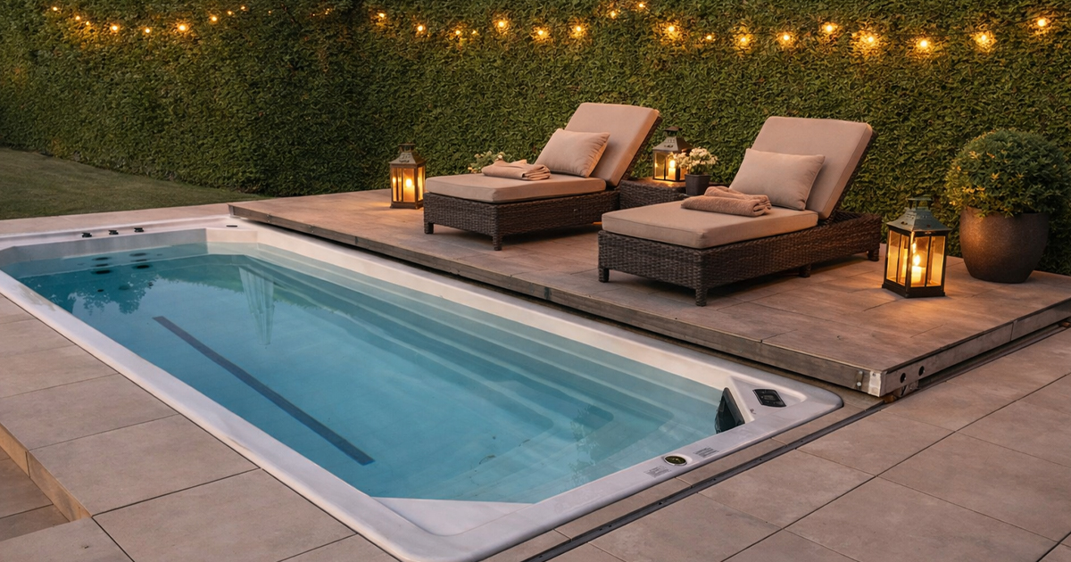 Beleuchteter Swim Spa im Garten bei Abendstimmung – moderne Poolanlage mit Liegen und stimmungsvoller Außenbeleuchtung.