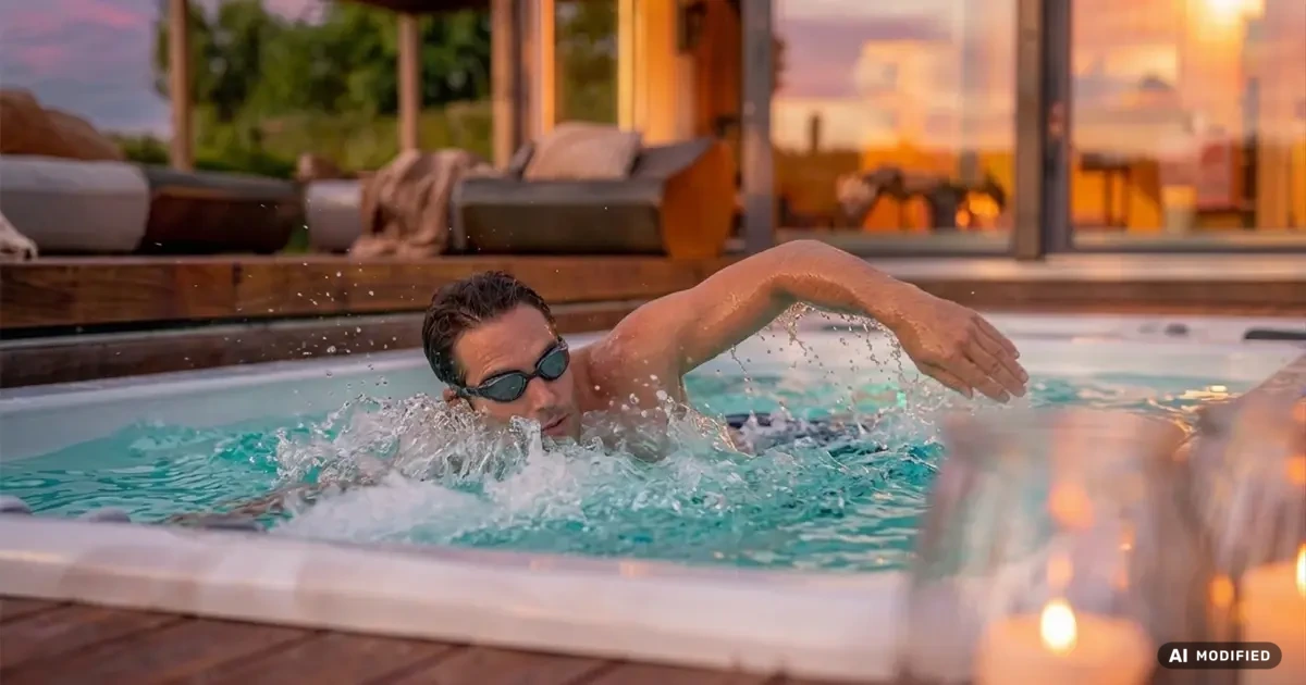 Mann schwimmt in einem Swim Spa auf einer modernen Wellness-Terrasse bei Sonnenuntergang