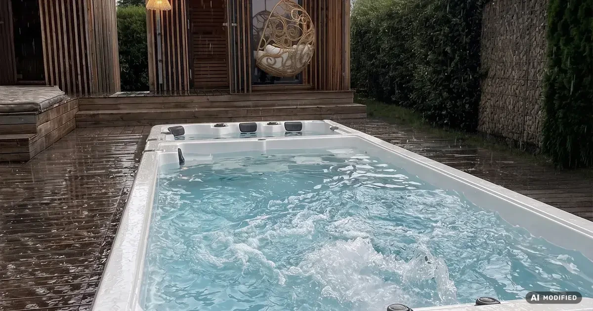Moderner Swim Spa mit sprudelndem Wasser im eleganten Innenhof – stilvolle Wellnessatmosphäre bei Abendbeleuchtung.