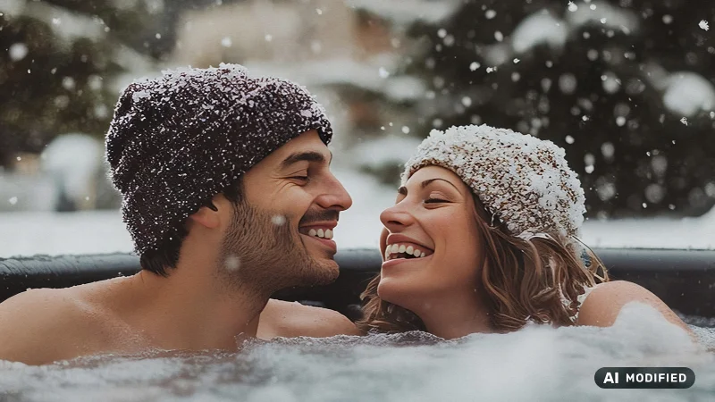 Paar im Outdoor-Whirlpool bei Schneefall im Winter (KI-bearbeitetes Bild)
