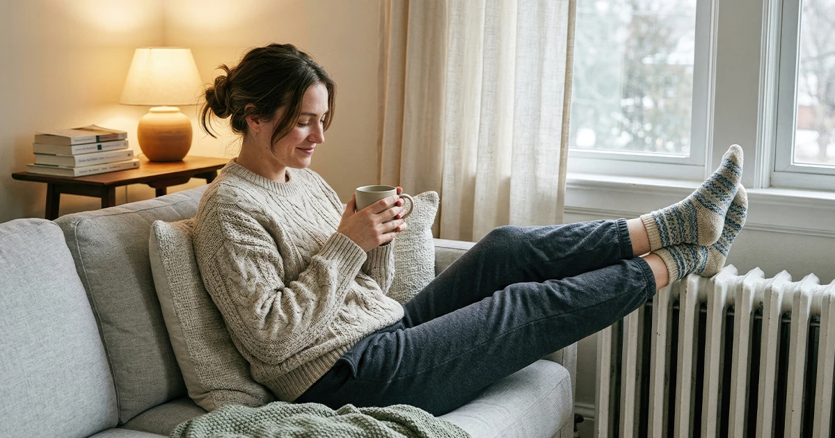 	Frau im Strickpullover entspannt mit einer Tasse Tee auf dem Sofa, die Füße auf der warmen Heizung abgelegt