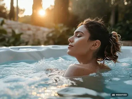 Frau entspannt im warmen Whirlpool im Freien bei Sonnenuntergang, umgeben von Natur.