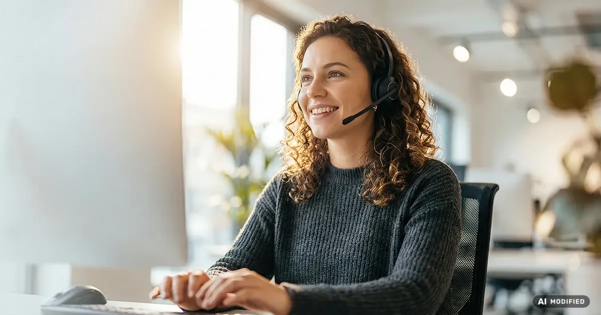 Freundliche Kundenberaterin mit Headset im hellen Büro unterstützt bei Serviceanfragen