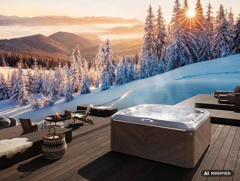 Moderner Whirlpool auf einer Holzterrasse mit winterlicher Berglandschaft, verschneiten Bäumen und stimmungsvoller Abendsonne im Hintergrund.