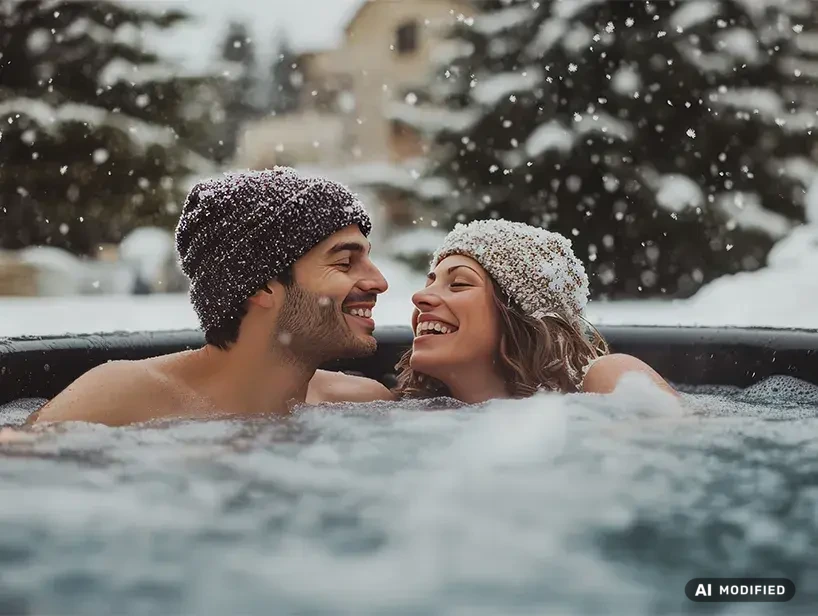 Glückliches Paar genießt den warmen Whirlpool im Schneetreiben – zeigt, wie entspannend die Nutzung im Winter sein kann.